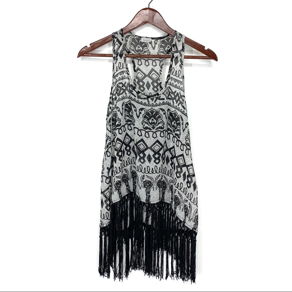 Charming Charlie Black Tribal Boho Racer Back Tassel Hem Tank Top Size XS